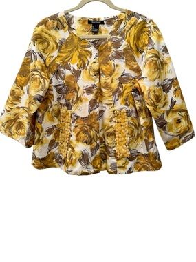 Karen Kane Yellow Floral Beaded Pocket Peplum Jacket Blazer Pockets Sz L